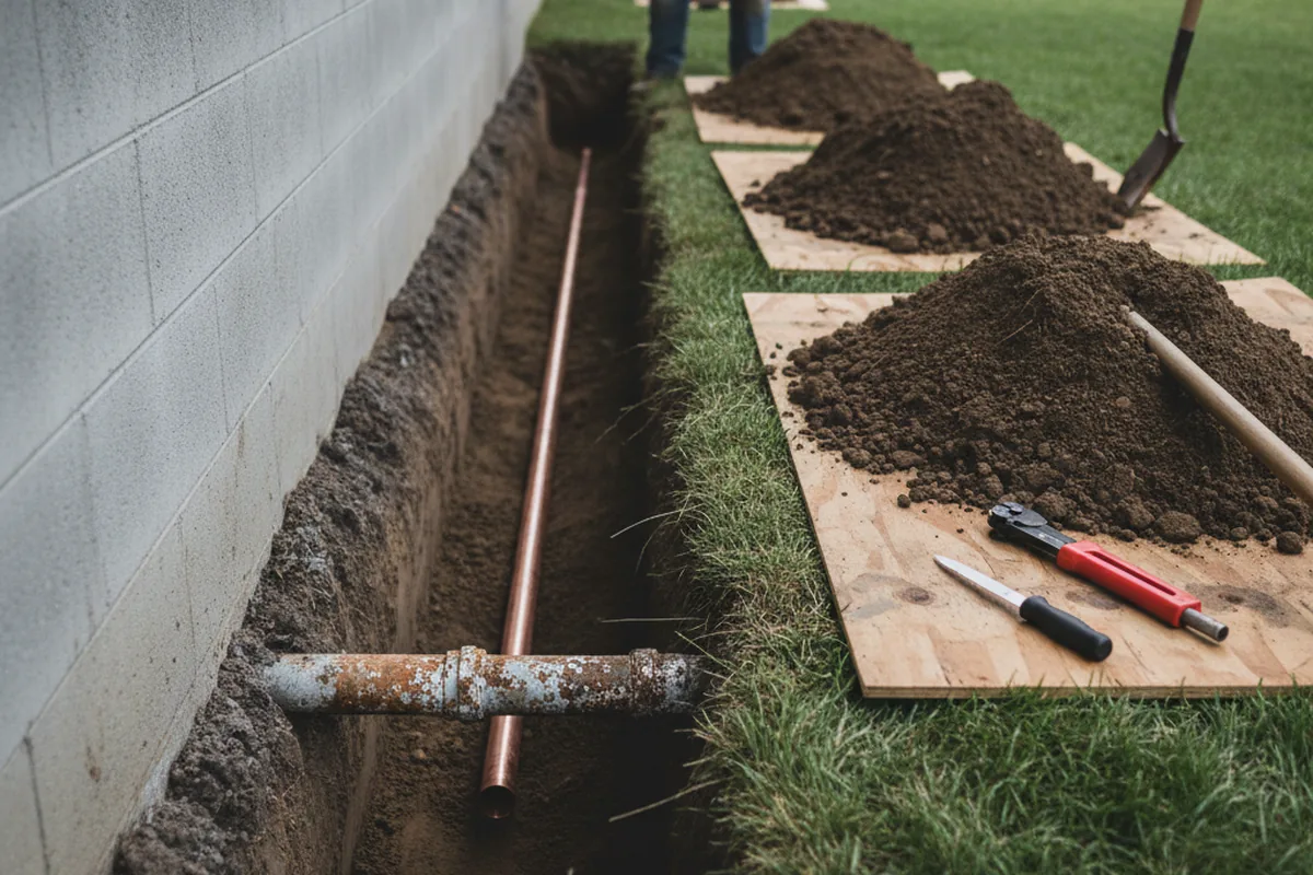 Excavated water line trench during Sewer Line Repair in Lando